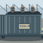 Hình minh họa máy biến áp cũ 630kVA trong nhà xưởng, ba sứ đầu cực và bộ tản nhiệt