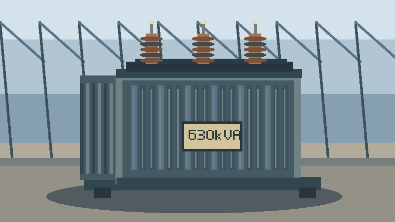 Hình minh họa máy biến áp cũ 630kVA trong nhà xưởng, ba sứ đầu cực và bộ tản nhiệt