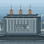 Minh họa máy biến áp ba pha cũ 250kVA với ba sứ đầu cực và dàn tản nhiệt